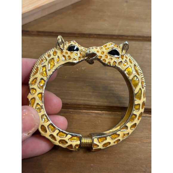 Giraffe Design Enamel Hinged Bangle Bracelet With Rhinestone Eyes & Gold-Tone Me - Picture 9 of 11